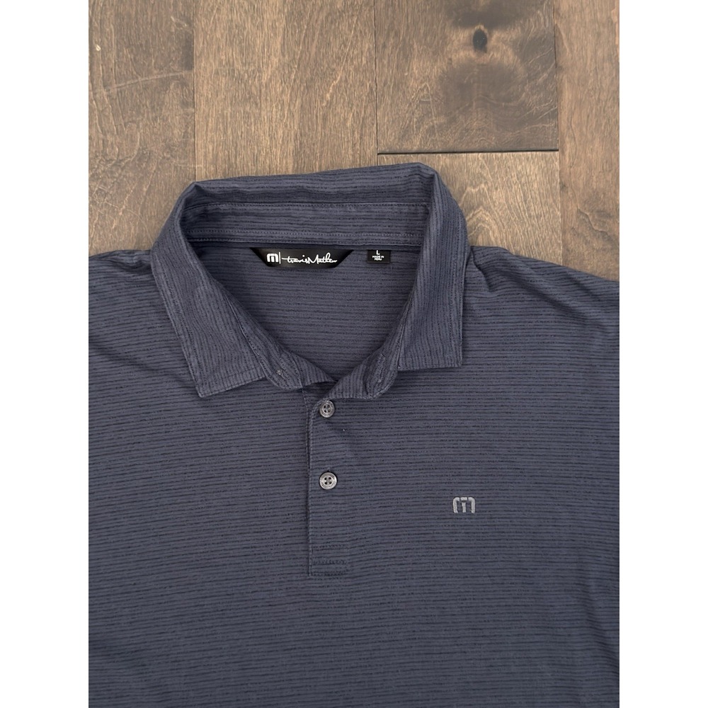 Travis Mathew Polo Shirt Mens L Blue Striped Short Sleeve Performance Golf Logo